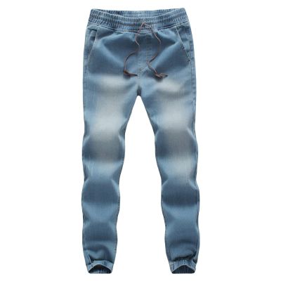 JEsilunmaMY Mens Drawstring Straight Leg Jeans Elastic Waist Casual Stretch Pencil Denim Pants Distressed Washed Skinny Jeans (Light Blue,M)