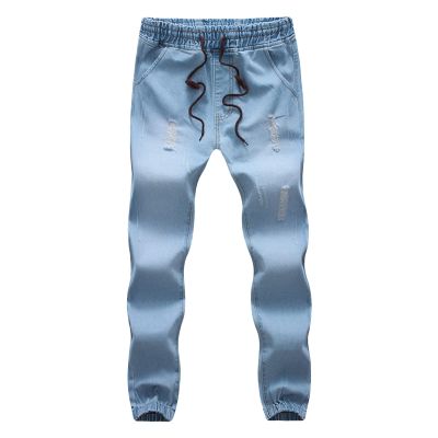 JEsilunmaMY Men's Plus Size Pencil Jeans Drawstring Elastic Waist Straight Denim Pants Washed Distressed Casual Jeans Pants (Light Blue,L)
