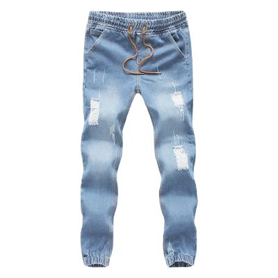 JEsilunmaMY Men's Summer Harem Jeans Drawstring Elastic Waist Ripped Pencil Denim Pants Wash Distressed Casual Cropped Jeans (Light Blue,Large)