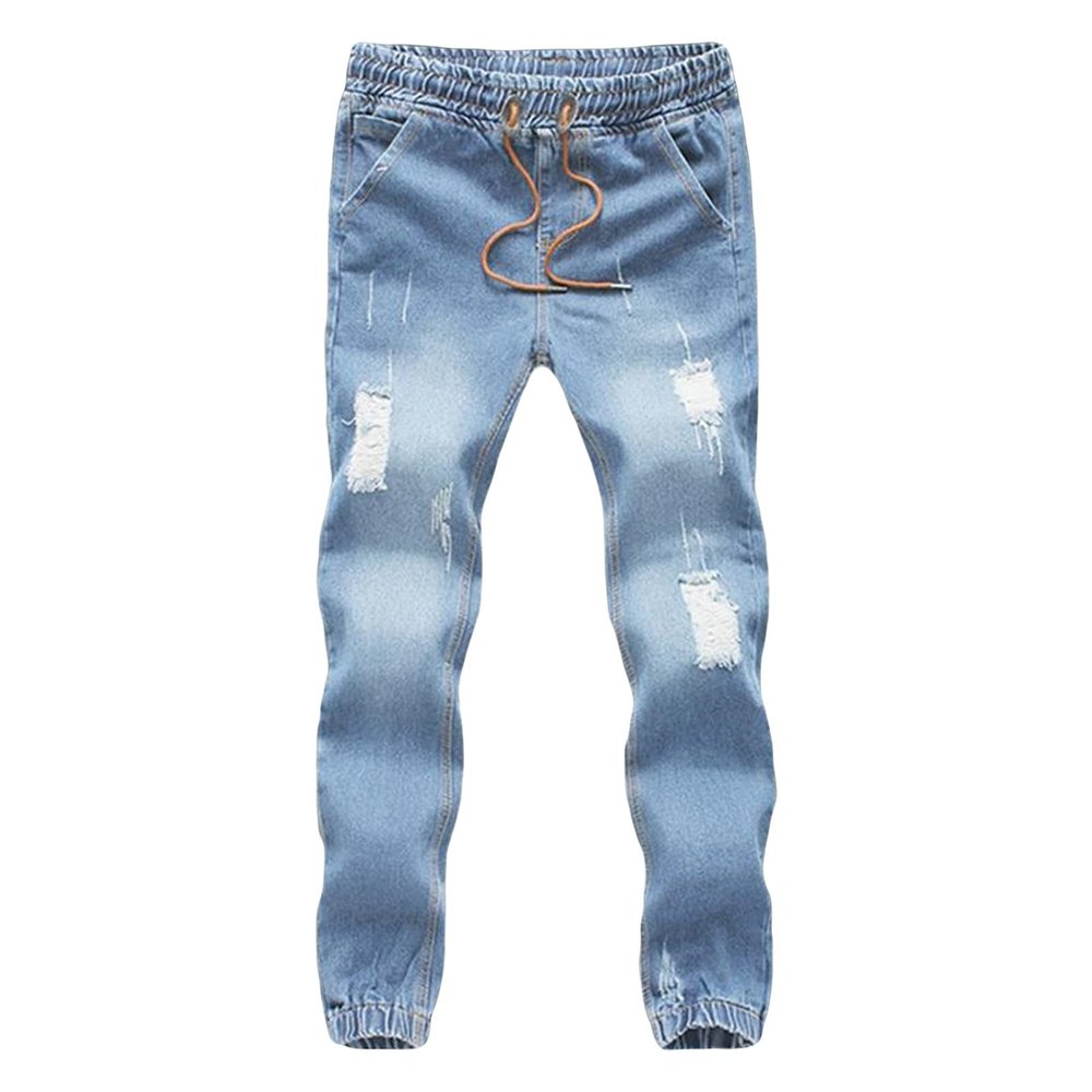 JEsilunmaMY Men's Summer Harem Jeans Drawstring Elastic Waist Ripped Pencil Denim Pants Wash Distressed Casual Cropped Jeans (Light Blue,Large)