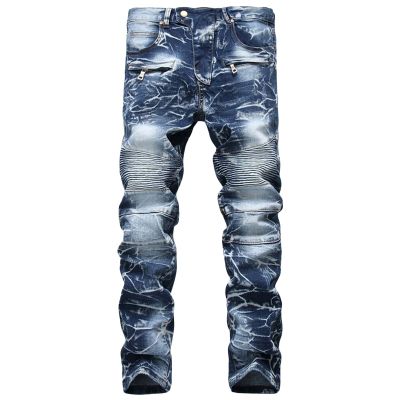 JEsilunmaMY Men's Patchwork Jeans Pants Mid Rise Washed Distressed Denim Pants Casual Stretch Straight Leg Jeans with Pockets (Blue,40)