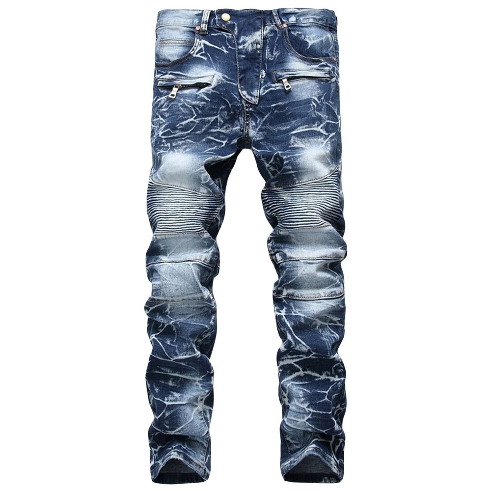 JEsilunmaMY Men's Patchwork Jeans Pants Mid Rise Washed Distressed Denim Pants Casual Stretch Straight Leg Jeans with Pockets (Blue,40)