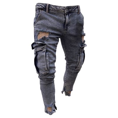 JEsilunmaMY Men's Retro Multi-Pocket Jeans Mid Waist Ankle Zipper Casual Pencil Jeans Washed Distressed Ripped Skinny Jeans (Dark Blue,Large)