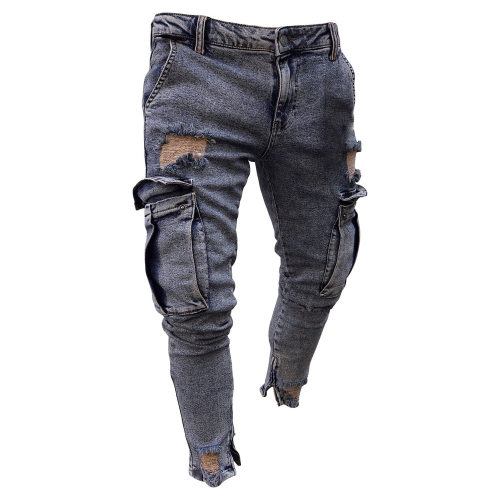 JEsilunmaMY Men's Retro Multi-Pocket Jeans Mid Waist Ankle Zipper Casual Pencil Jeans Washed Distressed Ripped Skinny Jeans (Dark Blue,Large)
