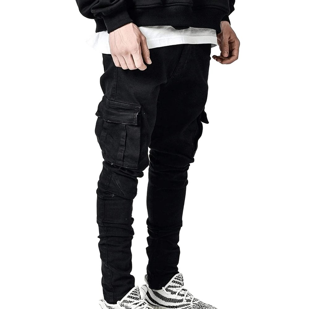 Men's Side Pocket Skinny Jeans Mid Rise Washed Distressed Denim Pants Slim Fit Casual Comfy Stretch Pencil Jeans (Black1,Small)