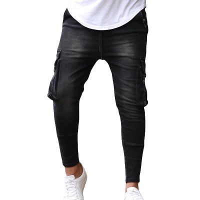 JEsilunmaMY Men's Side Pocket Skinny Jeans Mid Rise Washed Distressed Denim Pants Slim Fit Casual Comfy Stretch Pencil Jeans (Black2,X-Large)