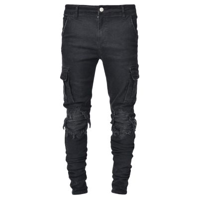 JEsilunmaMY Men's Slim Multi-Pocket Jeans Mid Waist Knee Pleated Washed Denim Pants Casual Stretch Skinny Pencil Jeans Pants (Black,32)