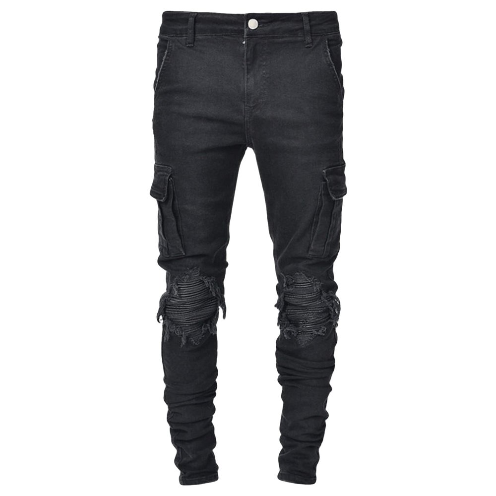 JEsilunmaMY Men's Slim Multi-Pocket Jeans Mid Waist Knee Pleated Washed Denim Pants Casual Stretch Skinny Pencil Jeans Pants (Black,32)