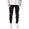 JEsilunmaMY Men's Slim Multi-Pocket Jeans Mid Waist Knee Pleated Washed Denim Pants Casual Stretch Skinny Pencil Jeans Pants (Black,32) view 2