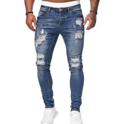 JEsilunmaMY Men's Ripped Pencil Denim Pants Mid Waist Distressed Slimming Skinny Jeans Casual Stretch Destroyed Jeans Pants (Blue,XX-Large)