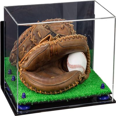 Better Display Cases Acrylic Base and Wall Mountball Catchers Glove Display Case with Mirror Case, Dark Blue Risers, Turf Base and Wall Mount (A011/V16)