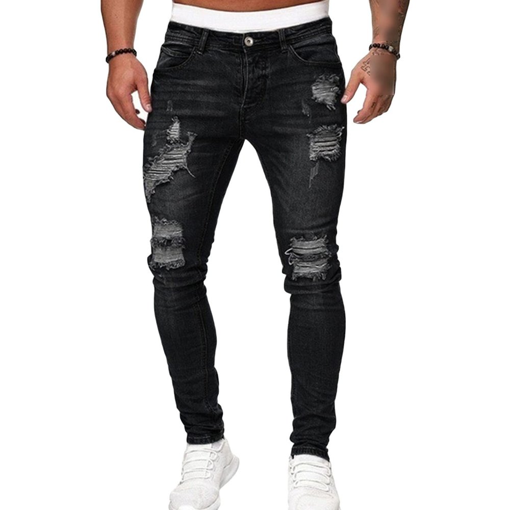 JEsilunmaMY Men's Ripped Pencil Denim Pants Mid Waist Distressed Slimming Skinny Jeans Casual Stretch Destroyed Jeans Pants (Black,X-Large)