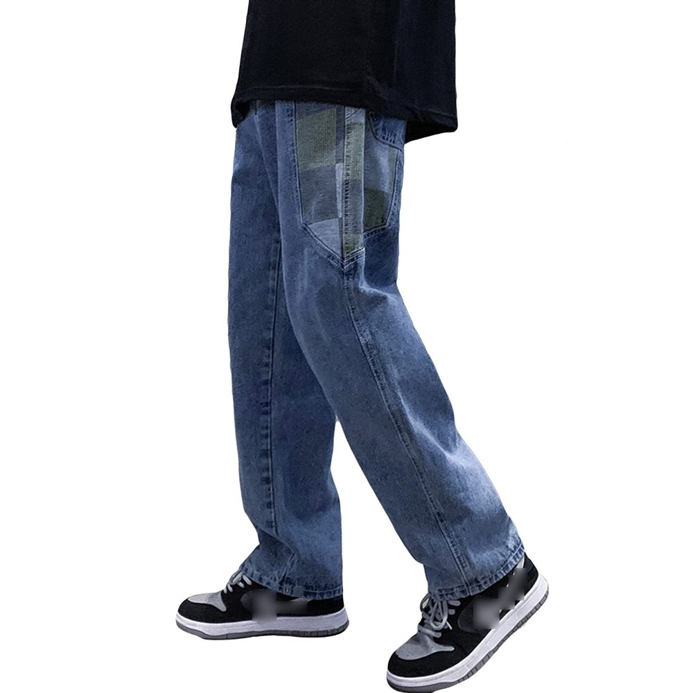 Men's Patchwork Wide Leg Jeans Plus Size Mid Waist Casual Straight Leg Denim Pants Washed Distressed Loose Denim Pants (Blue,Medium)