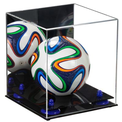 Better Display Cases Acrylic Mini - Miniature (not Full Size) Soccer Ball Display Case with Mirror Case, Dark Blue Risers and Black Base (B03/A015)