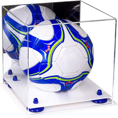 Better Display Cases Acrylic Soccer Ball Display Case with Mirror Case, Dark Blue Risers and White Base (B02/A027)