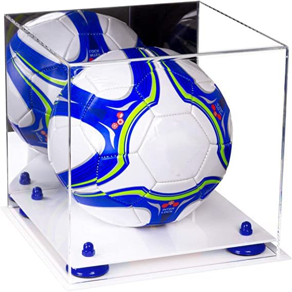 Better Display Cases Acrylic Soccer Ball Display Case with Mirror Case, Dark Blue Risers and White Base (B02/A027)