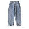 Casual Wide Leg Jeans for Men Drawstring Elastic Waist Pocket Denim Pants Mid Waist Distressed Straight Leg Jeans (Blue,Large) view 2