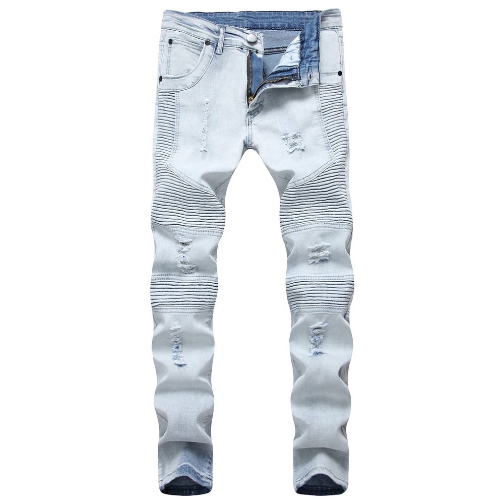 JEsilunmaMY Men's Ripped Boyfriend Jeans Mid Waist Washed Distressed Denim Pants Slim Fit Stretch Pleated Straight Leg Jeans (Light Blue,28)