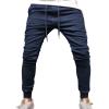 JEsilunmaMY Casual Drawstring Sport Jeans for Men Elastic Waist Stretch Skinny Denim Pants Mid Rise Washed Pencil Jean Pants (Dark Blue,Large)