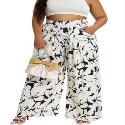 Euulin Women's Wide Leg Long Palazzo Pants High Waist Loose Fit Casual Flowy Pants Trousers with Pockets White Flower S