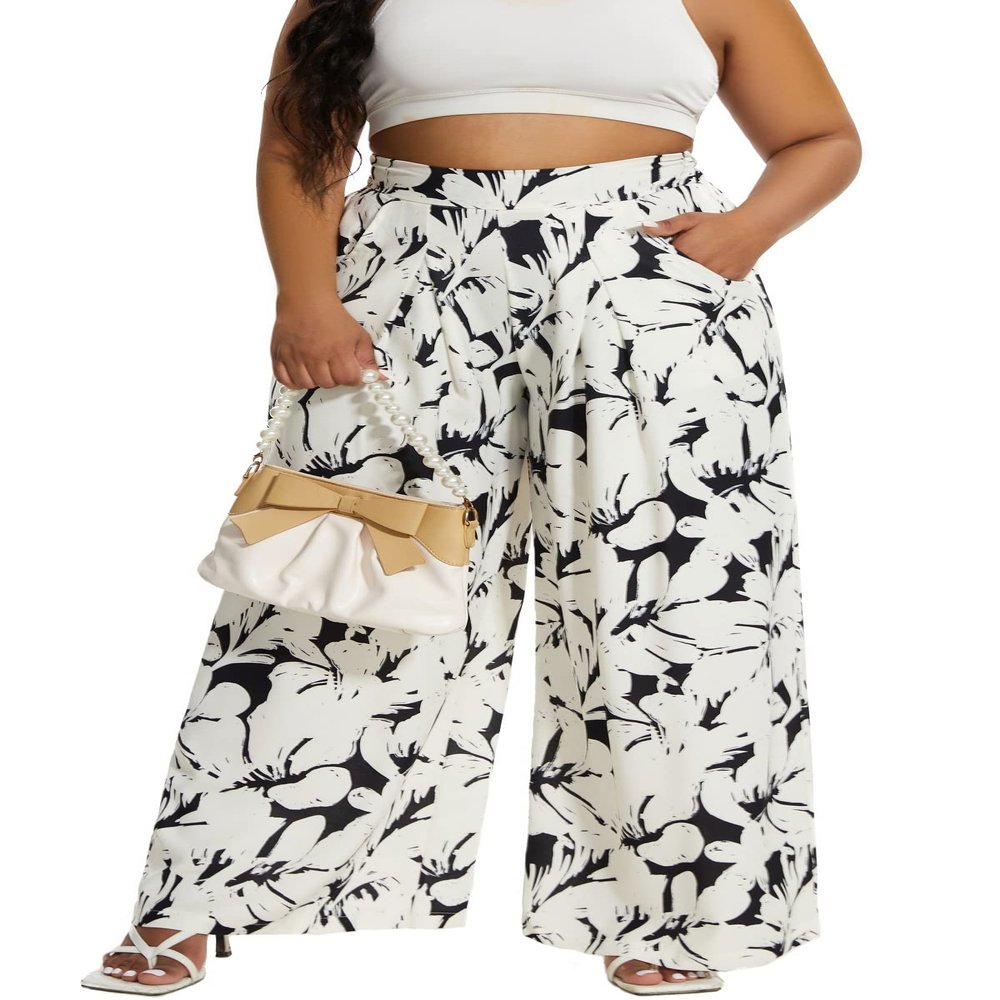 Euulin Women's Wide Leg Long Palazzo Pants High Waist Loose Fit Casual Flowy Pants Trousers with Pockets White Flower S