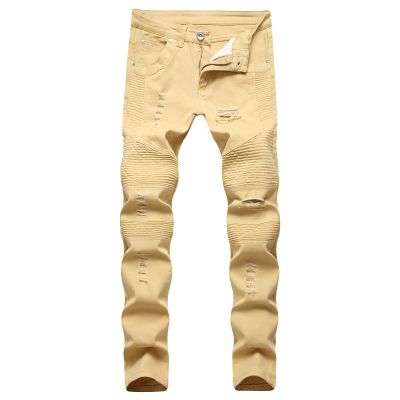 JEsilunmaMY Men's Ripped Boyfriend Jeans Mid Waist Washed Distressed Denim Pants Slim Fit Stretch Pleated Straight Leg Jeans (Khaki,42)