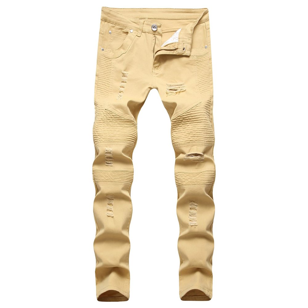 JEsilunmaMY Men's Ripped Boyfriend Jeans Mid Waist Washed Distressed Denim Pants Slim Fit Stretch Pleated Straight Leg Jeans (Khaki,42)