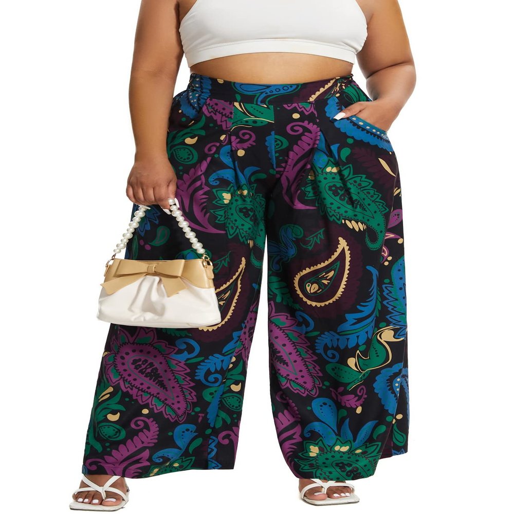 Euulin Women's Wide Leg Long Palazzo Pants High Waist Loose Fit Casual Flowy Pants Trousers with Pockets Flowers and Plants M