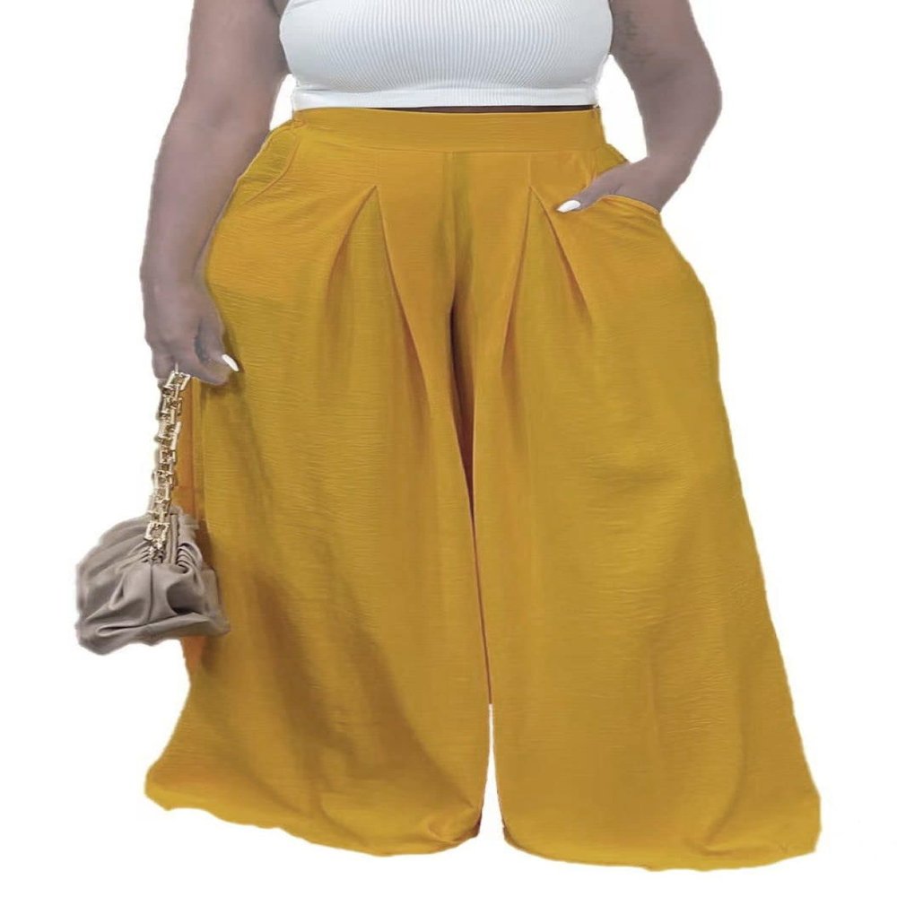 Euulin Women's Wide Leg Long Palazzo Pants High Waist Loose Fit Casual Flowy Pants Trousers with Pockets Yellow 2XL