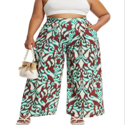 Euulin Women's Wide Leg Long Palazzo Pants High Waist Loose Fit Casual Flowy Pants Trousers with Pockets Vintage Pattern S