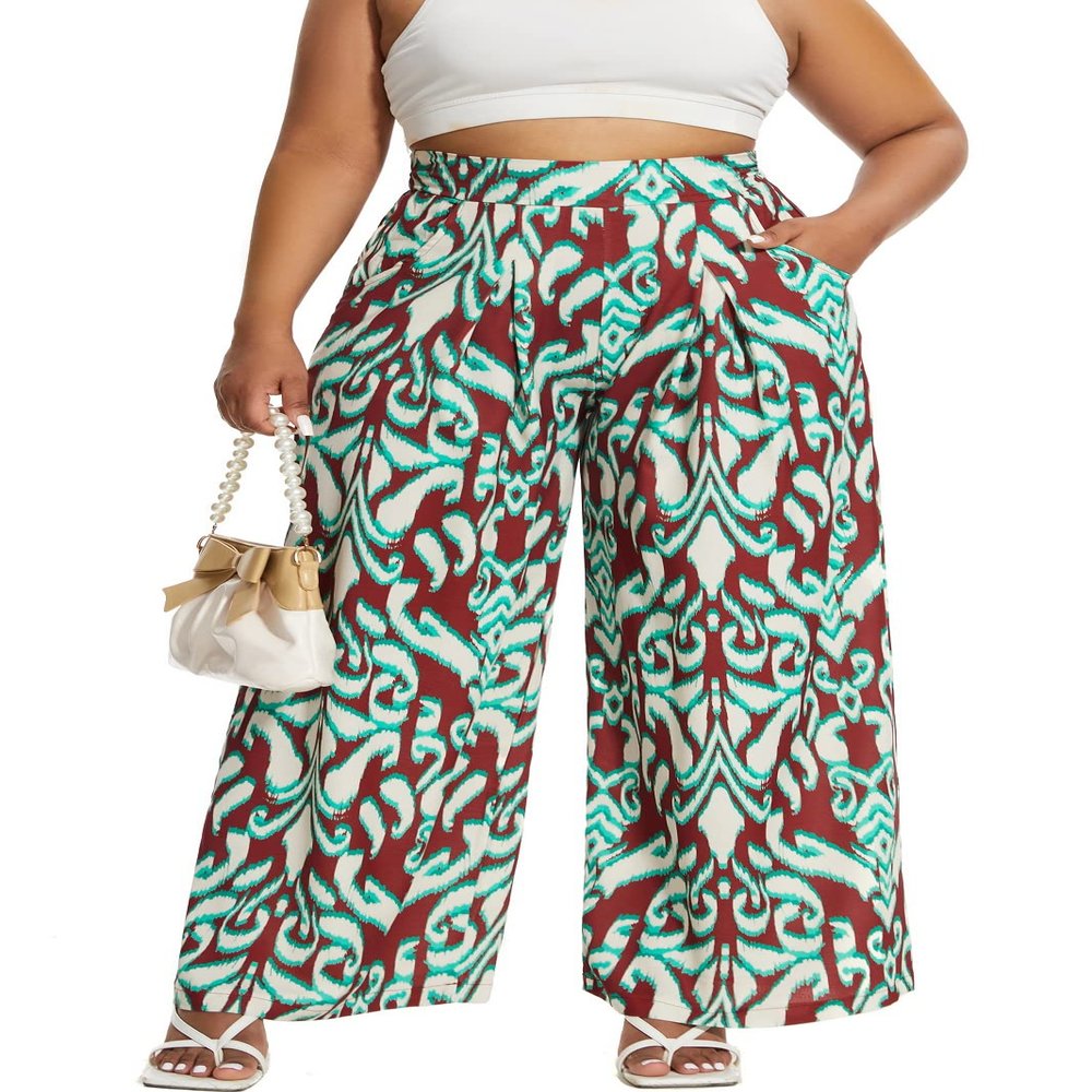Euulin Women's Wide Leg Long Palazzo Pants High Waist Loose Fit Casual Flowy Pants Trousers with Pockets Vintage Pattern S