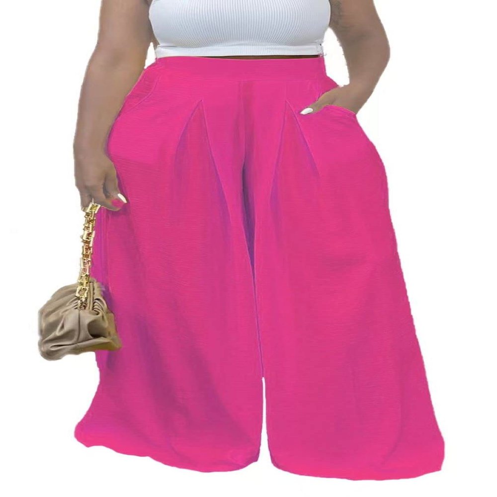 Euulin Women's Wide Leg Long Palazzo Pants High Waist Loose Fit Casual Flowy Pants Trousers with Pockets Pink 2XL