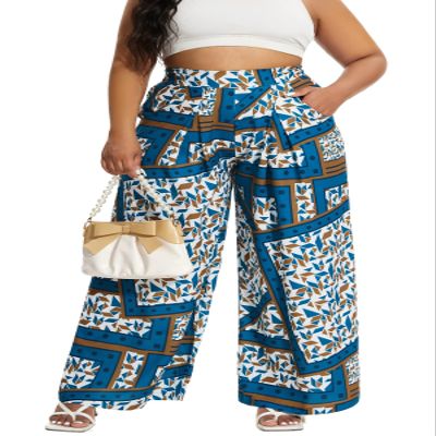 Euulin Women's Wide Leg Long Palazzo Pants High Waist Loose Fit Casual Flowy Pants Trousers with Pockets Blue and White Triangle XL