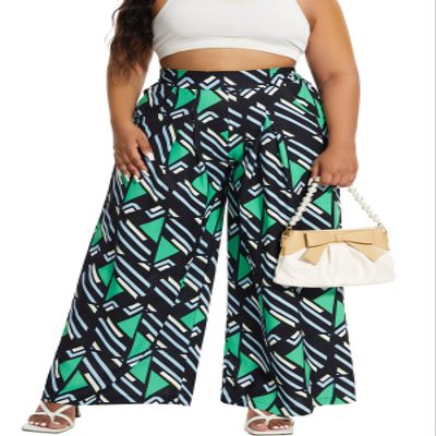 Euulin Women's Wide Leg Long Palazzo Pants High Waist Loose Fit Casual Flowy Pants Trousers with Pockets Green Triangle XL