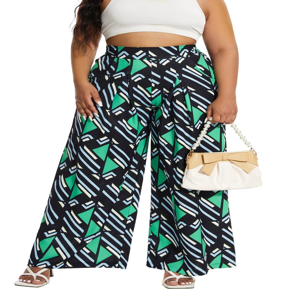 Euulin Women's Wide Leg Long Palazzo Pants High Waist Loose Fit Casual Flowy Pants Trousers with Pockets Green Triangle XL