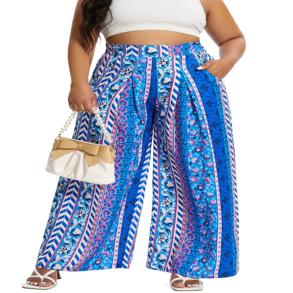 Euulin Women's Wide Leg Long Palazzo Pants High Waist Loose Fit Casual Flowy Pants Trousers with Pockets Purple Stripe S