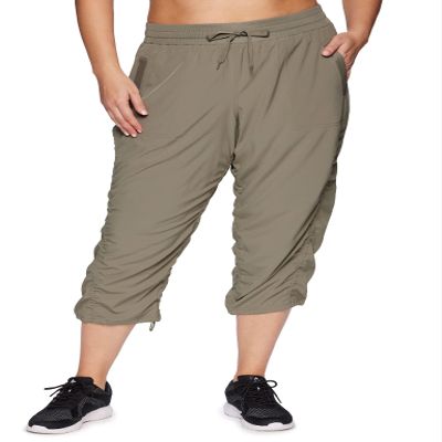 RBX Women's Plus Size Woven Lightweight Drawstring Capri Pant Smoke Sage 2X