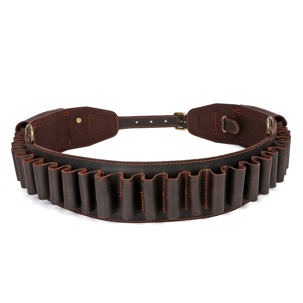 TOURBON Leather Shotgun Shell Holder Cartridge Bandolier Adjustable Ammo Belt with 2 Pouch