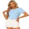 Allegra K Puff Sleeve Gingham Top for Women's Crew Neck Cute Peasant Fitted Checkered Plaid Shirt Medium Light Blue view 1