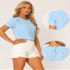 Allegra K Puff Sleeve Gingham Top for Women's Crew Neck Cute Peasant Fitted Checkered Plaid Shirt Medium Light Blue view 2
