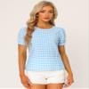 Allegra K Puff Sleeve Gingham Top for Women's Crew Neck Cute Peasant Fitted Checkered Plaid Shirt Medium Light Blue view 4