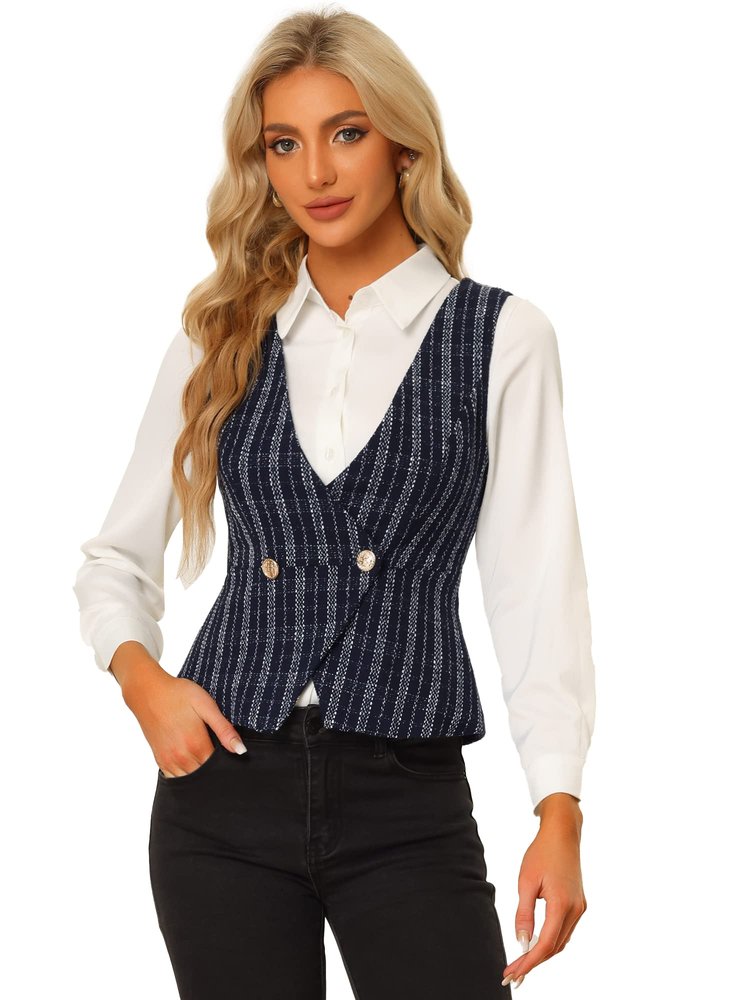 Allegra K Vintage Tweed Vest for Women's Double Breasted Sleeveless Plaid Waistcoat Jacket Small Dark Blue