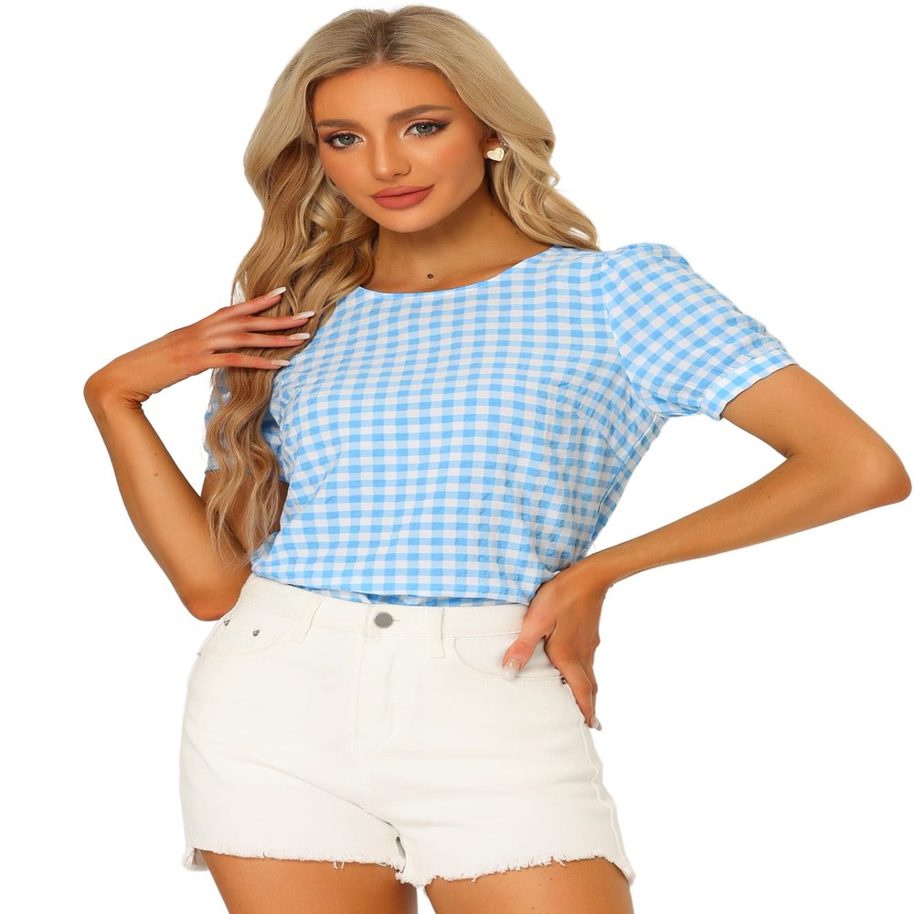 Allegra K Puff Sleeve Gingham Top for Women's Crew Neck Cute Peasant Fitted Checkered Plaid Shirt X-Small Light Blue