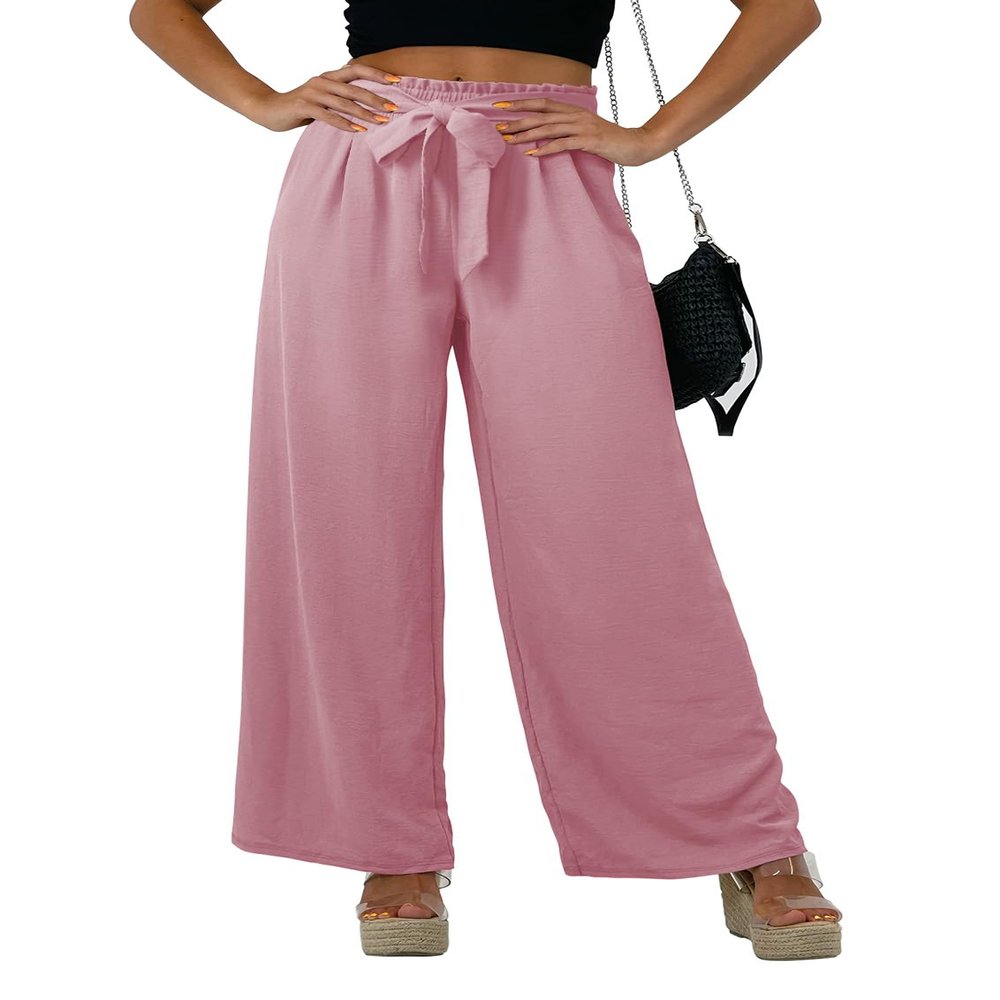 Feiersi Women Casual Wide Leg Pants High Waisted Business Work Casual Pants Loose Flowy Beach Palazzo Pants(Dusky Pink,XX-Large)