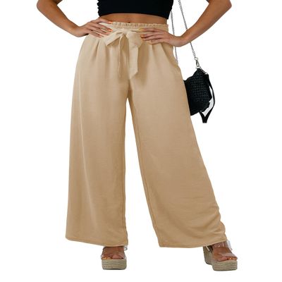 Feiersi Women Casual Wide Leg Pants High Waisted Business Work Casual Pants Loose Flowy Beach Palazzo Pants(Khaki,XX-Large)