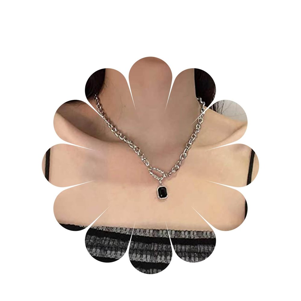 Allereyae Vintage Punk Boho Geometric Classic Black Onyx Square Gemstone Choker Necklace, 16 Inch Chain, Silver, Unisex, Women, Adult, 1 Count