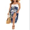 CHICGAL Off Shoulder Dress for Women Summer Casual Coverups Strapless Beach Sundress.(Navy Leaf Flower,L) view 3