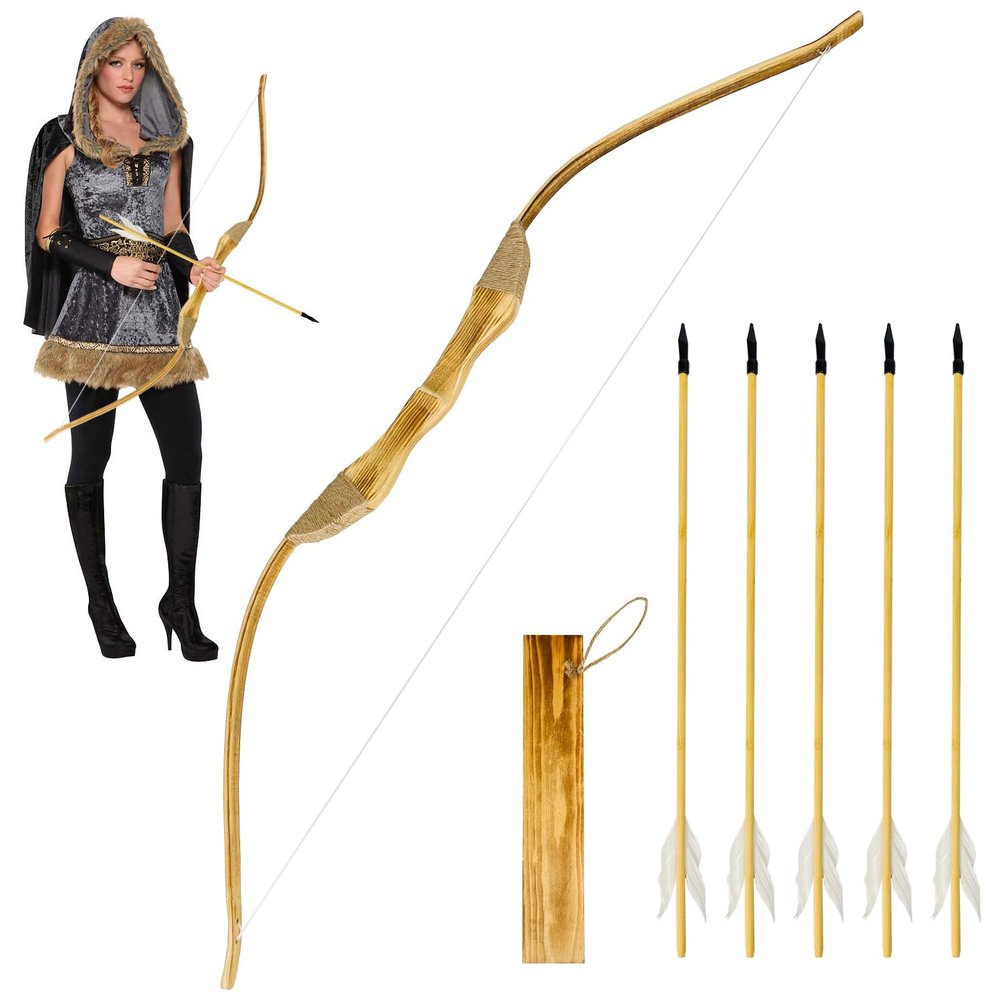 Basbon Wooden Bow and Arrow Set, 40 Inch Handmade Wooden Bow and Arrow Cosplay Costume Prop Archery Set Games Toys, 1 Bows 1 Quivers and 5 Feather Arrows, Gifts for Kids Youth Boys and Girls