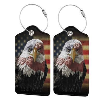 2 Pack Bald Eagle USA Flag Luggage Tags for Suitcases, Cool Leather Luggage Tag for Travel, Bag Tag Privacy Name ID Card Bag Labels for Friends Adults Kids Tourists