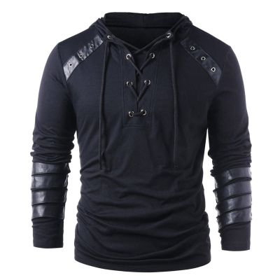 Mens Gothic Steampunk Shirts Sweatshirt Long Sleeve Lace up Hoodies Leather Patchwork Vintage Novelty Hooded Pullover Tee Top Black